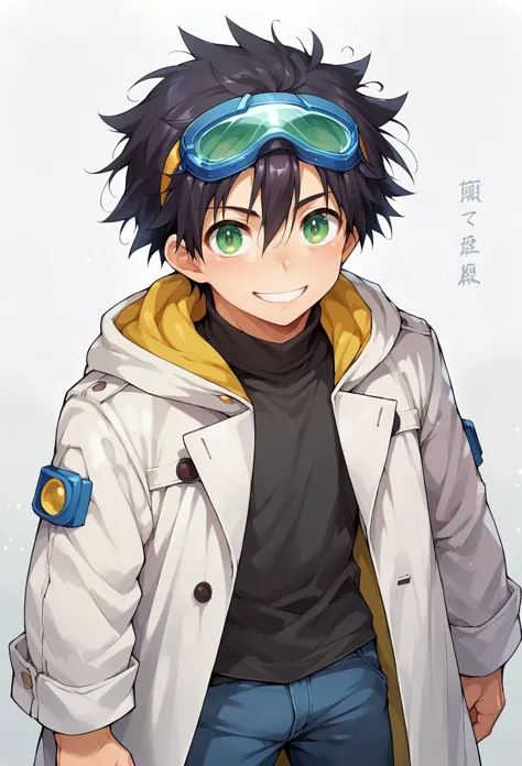 anime boy with goggles and a jacket on standing in the snow