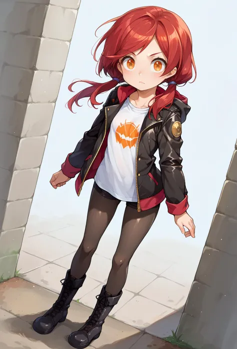 anime girl with red hair and black jacket standing in front of a brick wall