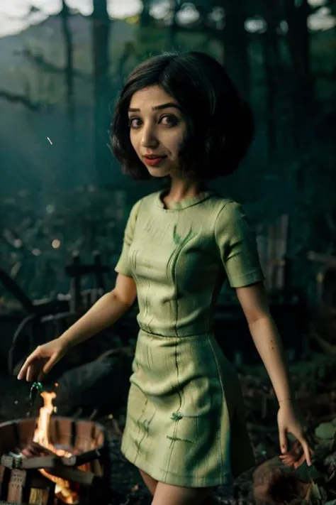 a woman in a green dress standing next to a fire