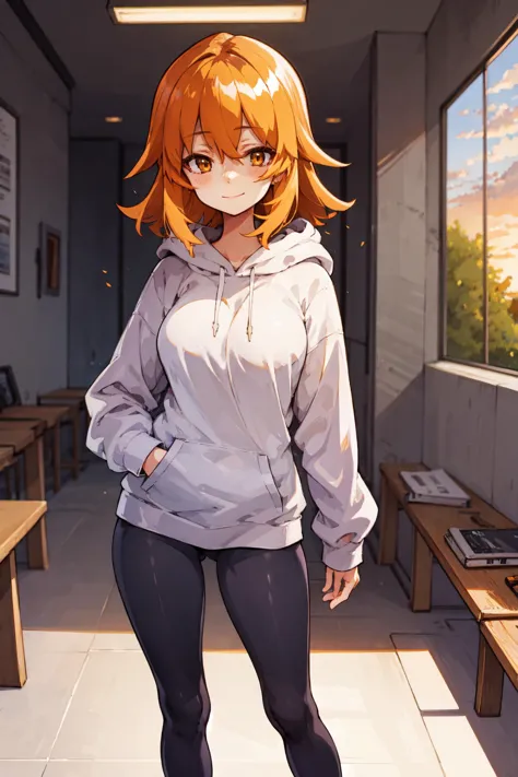 masterpiece, best quality, perfect lighting, 1girl, solo, orange hair, puffy hair, medium breasts, hoodie, leggings, sunset, loo...