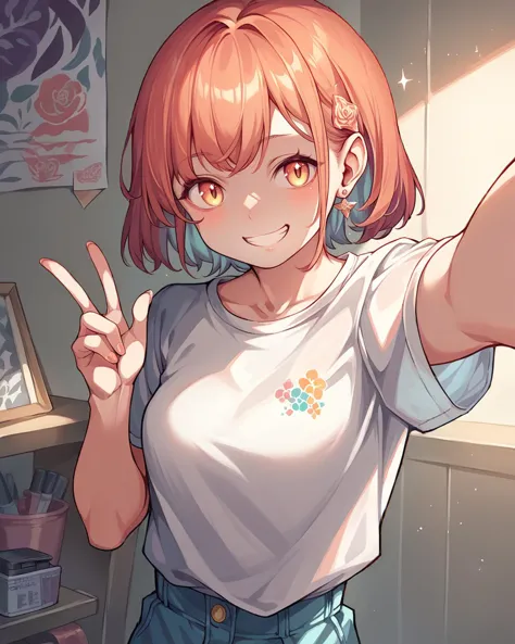 anime girl with red hair and blue eyes pointing at something