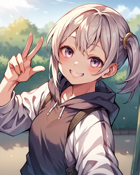 anime girl with blonde hair and blue eyes making a peace sign