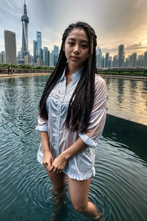 a woman standing in the water with a city in the background