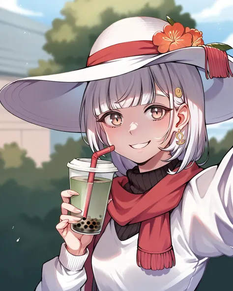 score_9, score_8_up, score_7_up, source_anime, solo, 1girl, wide brim hat, , , , shambhala civilization, iced tea, , looking at viewer, smile, ffc selfie,<lora:ffc_selfie_PDXL-000002:1>