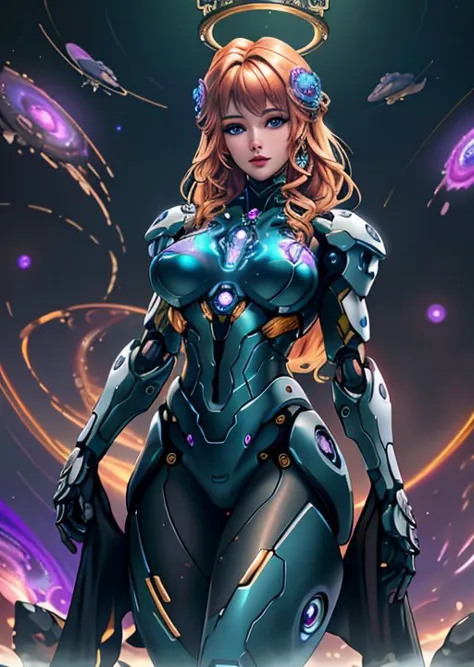 an award winning photograph of a beautiful woman, halo, intricate cyberpunk robot, highly detailed, soft bokeh Deep space nebula background, art by mooncryptowow and popular science <lora:wowifierV3:0.8>