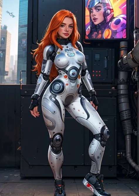 a close up of a woman in a futuristic suit standing in front of a tv