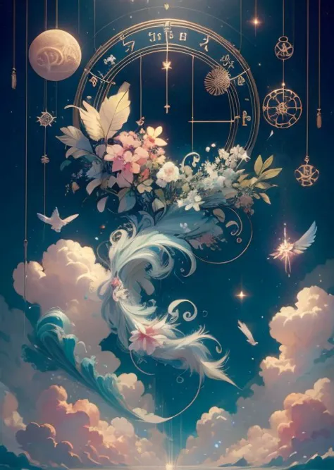 a painting of a clock with flowers and birds flying in the sky