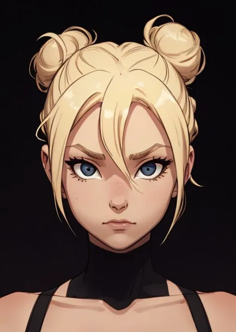 an eye contact of a blond with bun hair and dark theme