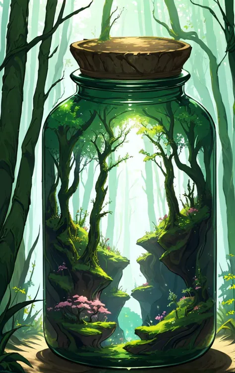 in glass bottle, enchanted forest, subterranean gallery,murky reflections,play of light and shadow <lora:GlassBottle:1@0,.5@.4>