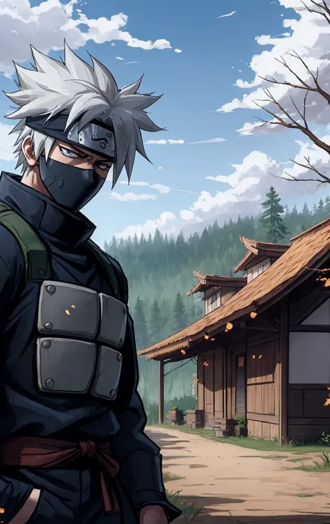 Kakashi Hatake <lora:Kakashi Hatake_20230802113200:0.8>,  village villa in temperate deciduous forest biome