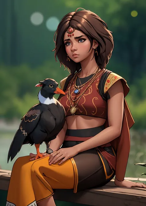 a woman sitting on a wooden bench with a bird on her arm