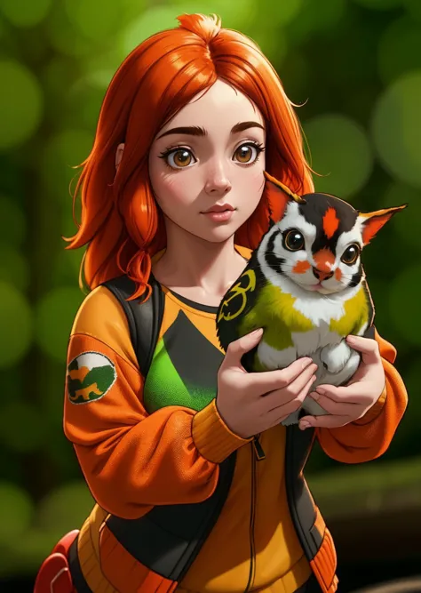 a woman holding a cat and a small bird in her hands