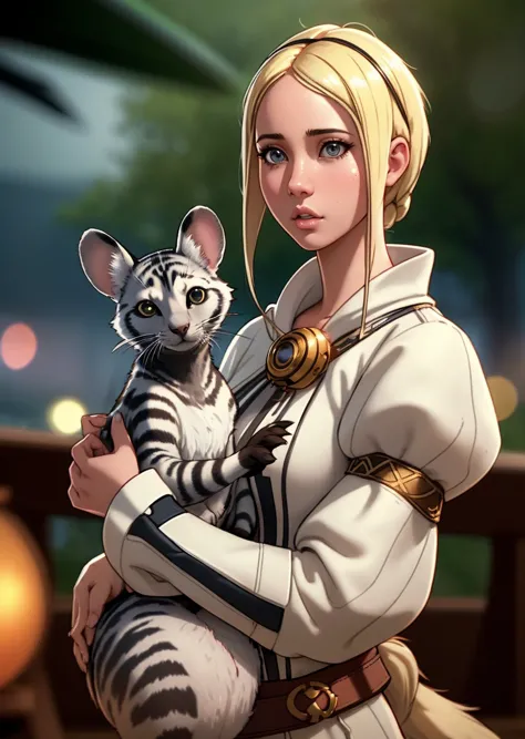 white girl and pet African Civet, Blond head, at least, Fear, Maritime Greenwich, mind-expanding style,, (masterpiece), (realistic), 8k, RAW photo, very wide shot, octane render, unreal engine, volumetrics dtx, (film grain, bokeh, blurry foreground)