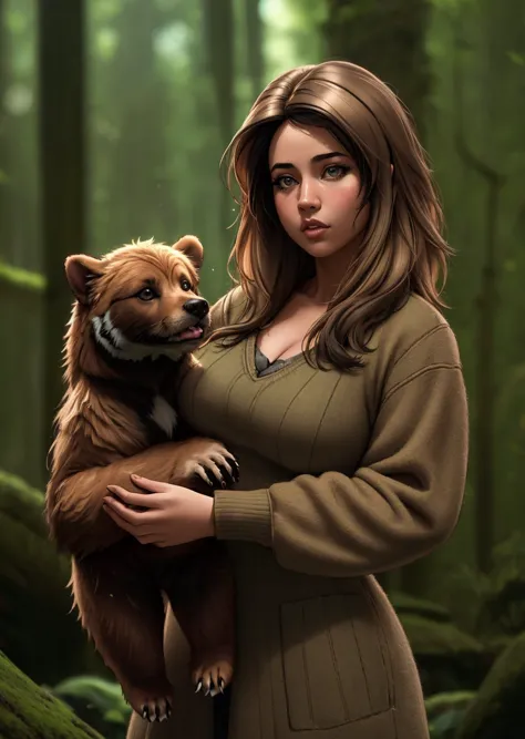 hispanic girl and pet Grizzly Bear, Light brown head, costs, Horror, Ancient and Primeval Beech Forests of the Carpathians and Other Regions of Europe, entoptic fractals style,, (masterpiece), (realistic), 8k, RAW photo, very wide shot, octane render, unreal engine, volumetrics dtx, (film grain, bokeh, blurry foreground)