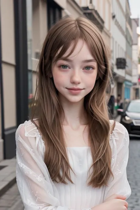 a close up of a young girl with long hair standing on a street