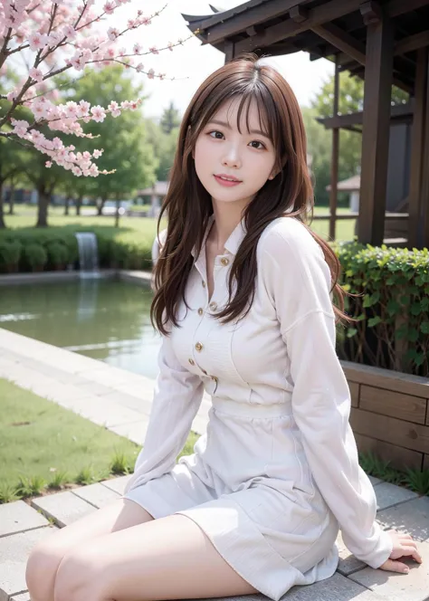 a close up of a woman sitting on a stone bench