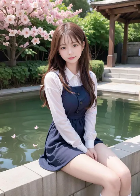 a close up of a woman sitting on a ledge near a pond