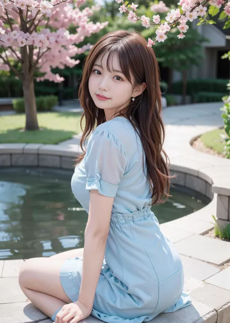 a woman sitting on a bench in a blue dress