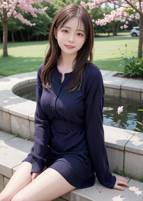 a close up of a woman sitting on a stone bench near a pond