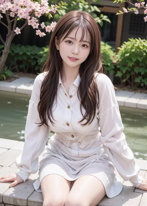 a woman sitting on a stone ledge next to a pond