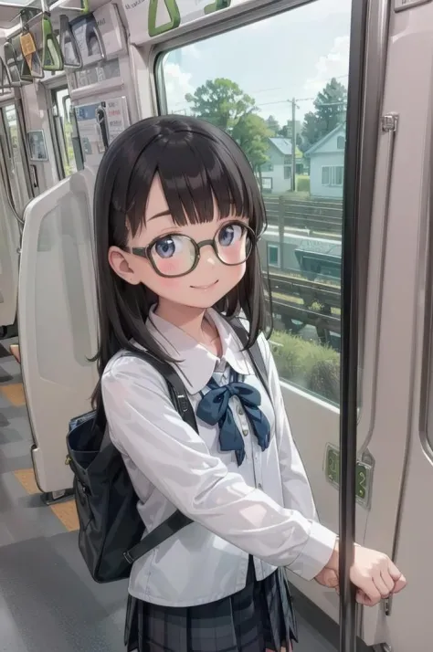 best quality, ultra-detailed, illustration,
multiple girls, school uniform, black hair, glasses, school bag, smile, laughing, looking at viewer, 
e235, train interior, scenery, seat, window, screen, realistic, photo background, photo (medium), photorealistic, close-up
 <lora:E235_SD15_V6_DIM4:1>