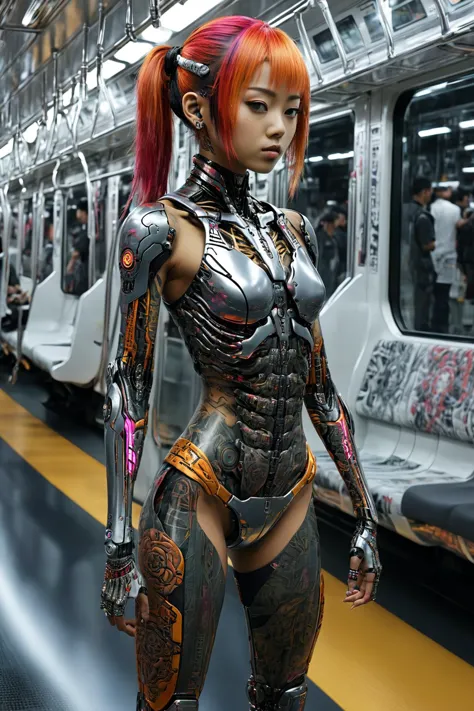 Cybepunk future: Cyborg japanese girl standing in crowded train carriage,a girl with intricate tattoos dressed in futuristic clo...