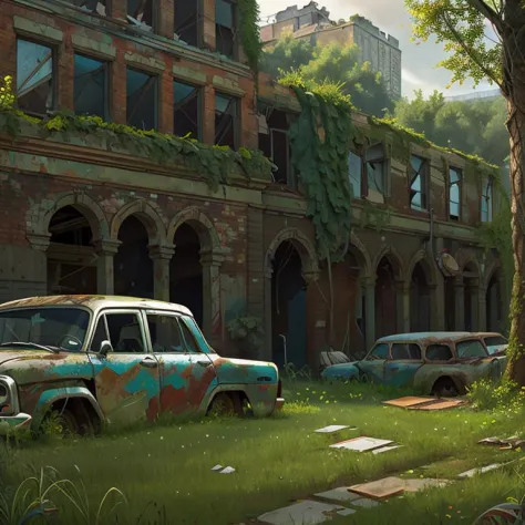 fantasyArt,hyperrealism, apocalyptic wasteland, hand-drawn drawing, thick paint, hand-painted texture, low saturation, ground vehicle, scenery, no humans, grass, motor vehicle, car, outdoors, window, overgrown, broken window, building, ruins, plant, day, tree(volume fog:0.5),