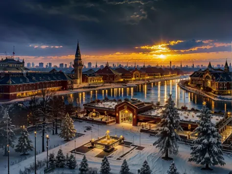 a view of a city with a river and a bridge in the middle