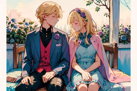 anime couple sitting on bench looking at each other