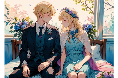 anime couple sitting on a bench in front of a window