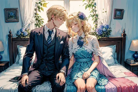 anime couple sitting on bed in bedroom with blue walls