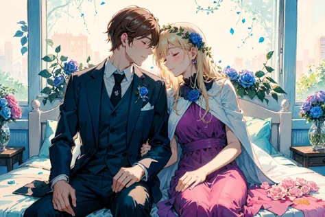 anime couple sitting on bed with flowers in their hair