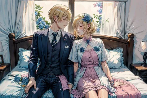 anime couple sitting on bed in bedroom with blue curtains