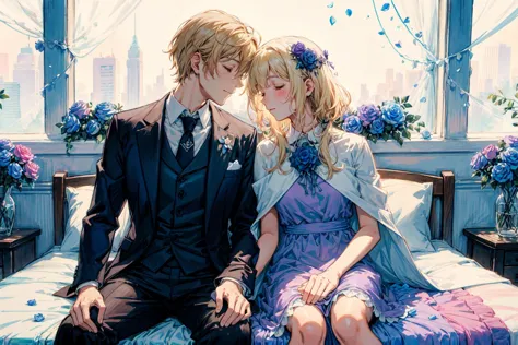 anime couple sitting on bed with city view in background