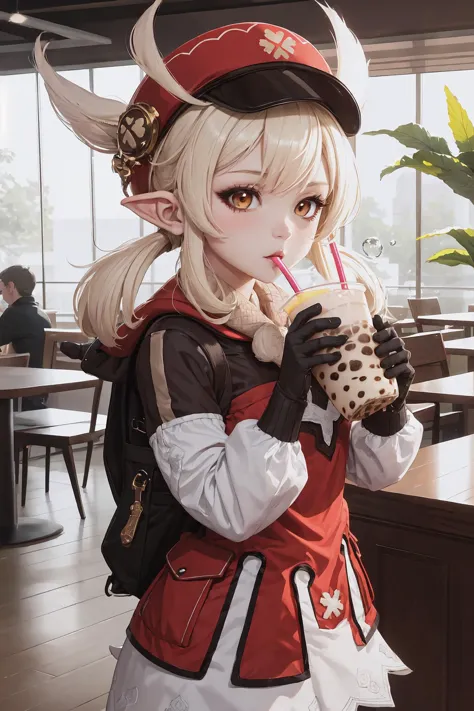 anime girl with a hat and a drink in a cafe