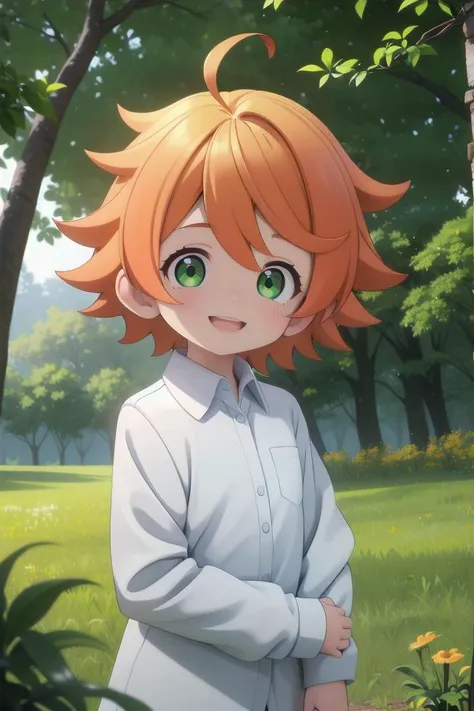 <lora:the-promised-neverland-emma-sd15-V10:0.6>
a 11-year-old girl neverland_emma standing on a beautiful green field with trees in the background, she has green eyes, short hair and wears a long sleeved white collared shirt, she has orange hair she has a bright smile, the sun is setting, The soft lighting and detailed surroundings create an immersive environment where imagination runs wild hyper-detailed, hyper-detailed face, high quality visuals, dim Lighting, sharply focused, octane render, 8k UHD