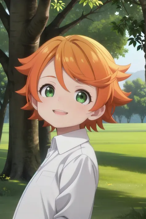 <lora:the-promised-neverland-emma-sd15-V10:0.6>
a 11-year-old girl neverland_emma standing on a beautiful green field with trees in the background, she has green eyes, short hair and wears a long sleeved white collared shirt, she has orange hair she has a bright smile, the sun is setting, The soft lighting and detailed surroundings create an immersive environment where imagination runs wild hyper-detailed, hyper-detailed face, high quality visuals, dim Lighting, sharply focused, octane render, 8k UHD