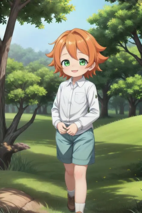 <lora:the-promised-neverland-emma-sd15-V10:0.6>
a 11-year-old girl neverland_emma standing on a beautiful green field with trees in the background, she has green eyes, short hair and wears a long sleeved white collared shirt, she has orange hair she has a bright smile, the sun is setting, The soft lighting and detailed surroundings create an immersive environment where imagination runs wild hyper-detailed, hyper-detailed face, high quality visuals, dim Lighting, sharply focused, octane render, 8k UHD