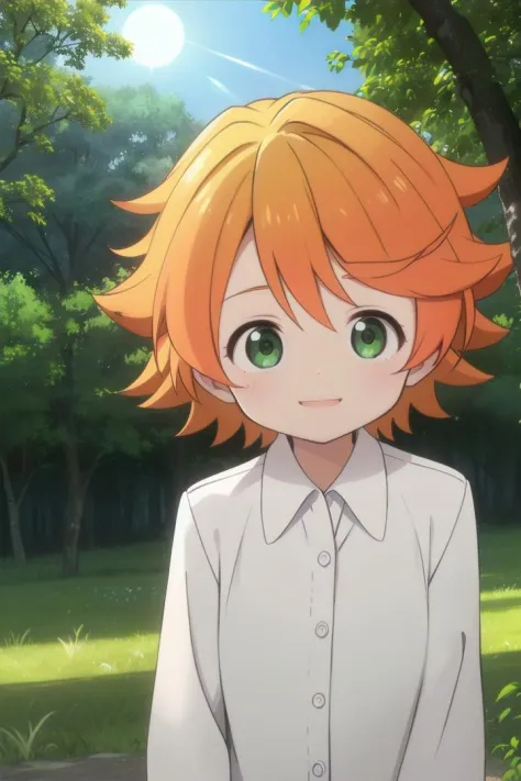 <lora:the-promised-neverland-emma-sd15-V10:0.6>
a 11-year-old girl neverland_emma standing on a beautiful green field with trees in the background, she has green eyes, short hair and wears a long sleeved white collared shirt, she has orange hair she has a bright smile, the sun is setting, The soft lighting and detailed surroundings create an immersive environment where imagination runs wild hyper-detailed, hyper-detailed face, high quality visuals, dim Lighting, sharply focused, octane render, 8k UHD