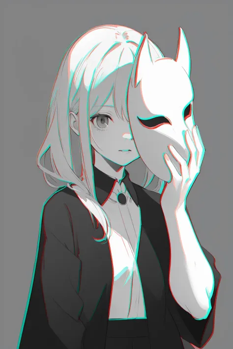 (best quality, masterpiece, highres),1girl,solo,upper body,greyscale,<lora:anaglyph RG_v1s:1>,<lora:holding mask_v2:1>, mask on ...