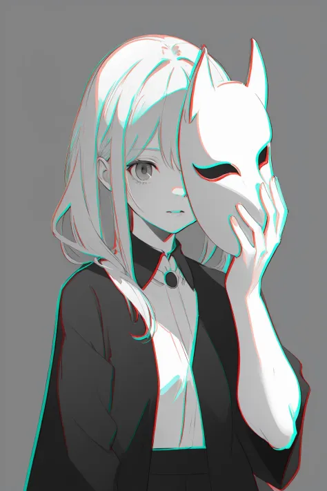 (best quality, masterpiece, highres),1girl,solo,upper body,greyscale,mask on hand,covering face,