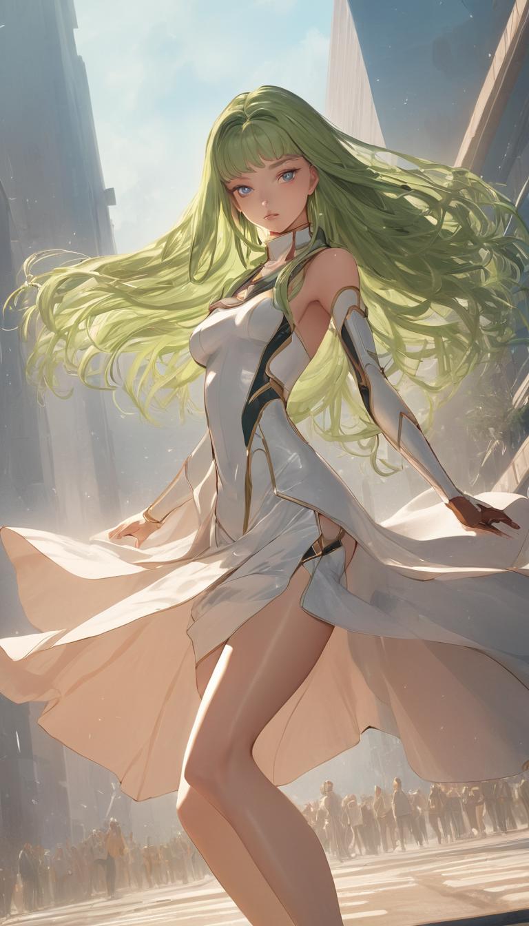 A woman with long green hair and white dress walking down a street - SeaArt  AI