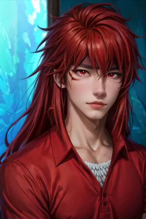 masterpiece, best quality, photorealistic, 1boy, solo, male focus, looking at viewer, upper body, depth of field, guy_crimson, red eyes, red hair, long hair, polo shirt, , ,