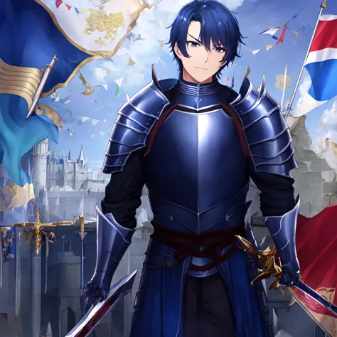 <hypernet:velvetanime:1> 1guy, dark blue hair, knight, armor, sword, in castle, looking up, flag