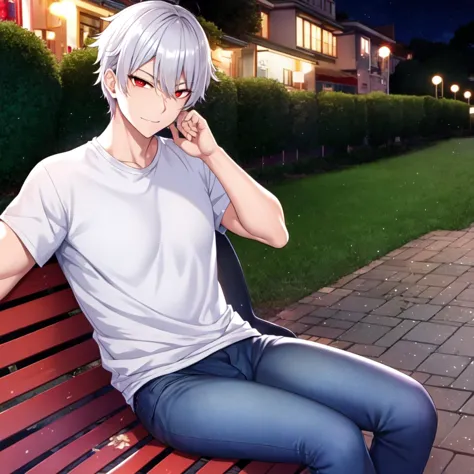 <hypernet:velvetanime:1> 1guy, silver hair, red eyes, smirking, sitting on a park bench, laid back, wearing a simple t-shirt and...