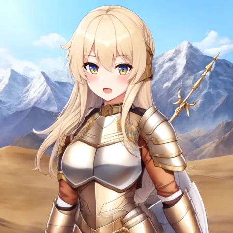 <hypernet:velvetanime:1> 1girl, beige hair, valkyrie, armor, spear, in battlefield, looking forward, mountains