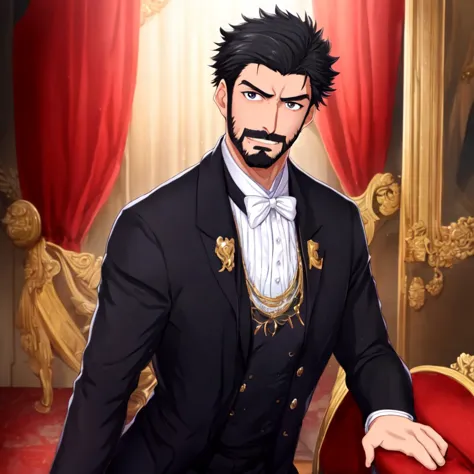 <hypernet:velvetanime:1> 1guy, black hair, butler outfit, facial hair, polite, stoic, looking at viewer