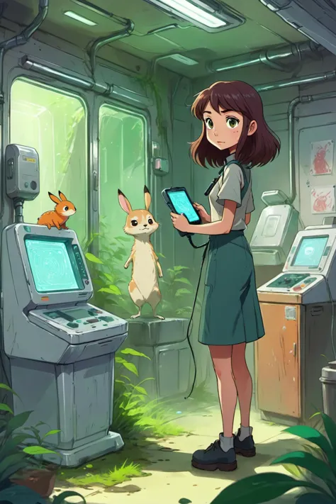 dilapidated futuristic overgrown interior hosing cute animal creatures, adventure scavenger l exploring standing with her hand holding a scanner device <lora:Animated_Concept:0.75> <lora:SDXL1.0_Essenz-series-by-AI_Characters_Style_MakotoShinkai-v1.1:0.75> anime screencap in mnst artstyle