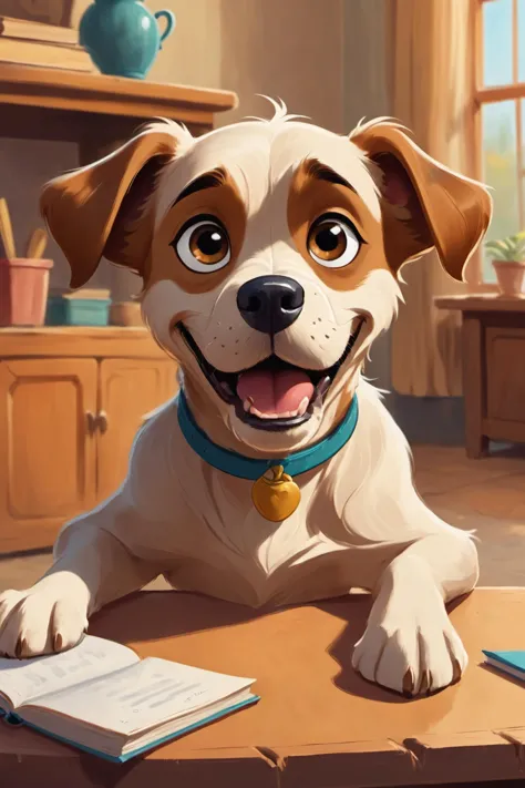 closeup mischievous dog looking at the viewer , leaning on a wooden table with a book beside it. The background reveals a cozy room with wooden furnishings.  <lora:Animated_Concept:0.75>