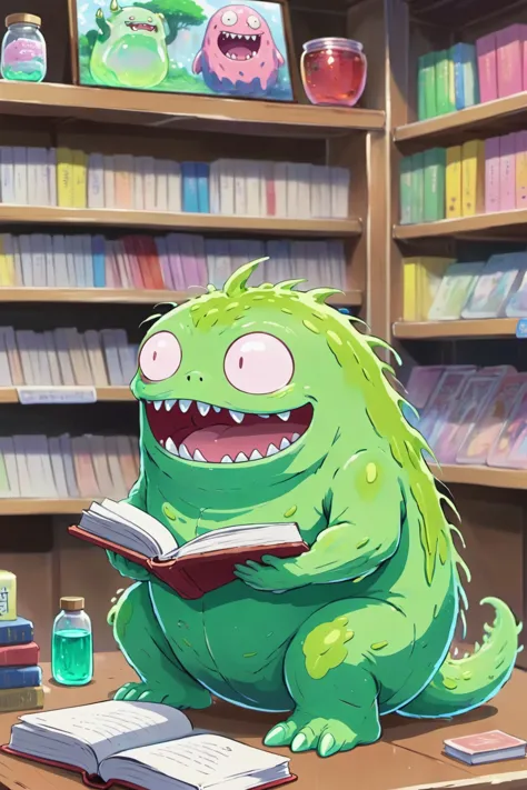 cute creatures slime monster in a book shop anime screencap in mnst artstyle